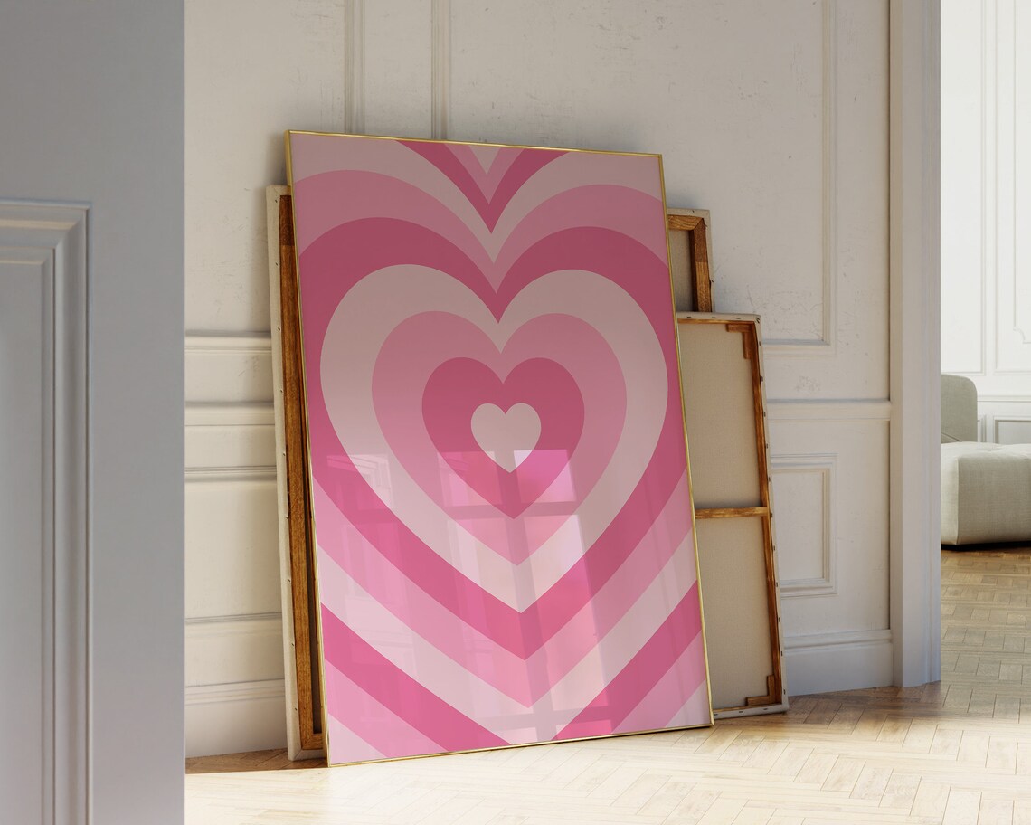 Pink Retro Heart Pattern Trendy Girls Room Aesthetic Love Art Poster
