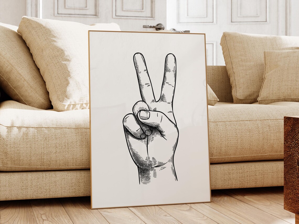 Peace Sign Hand Gesture Minimal Line Art Drawing Wall Poster