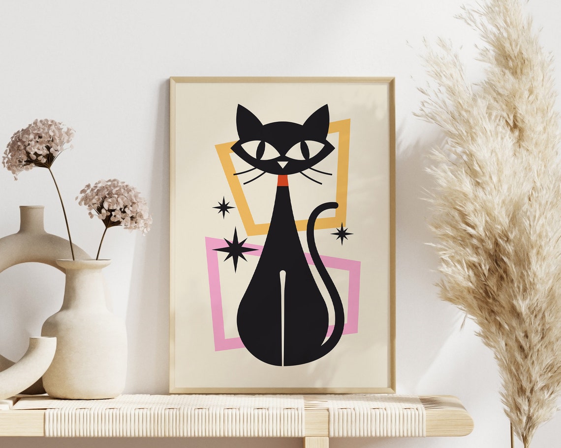 Mid Century Black Cat Retro Atomic Pink Yellow Geometric Poster - Image 2