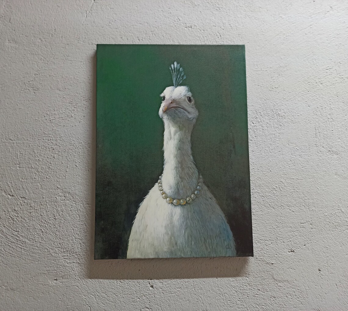 Elegant White Peacock Wearing Pearls Regal Bird Portrait Poster