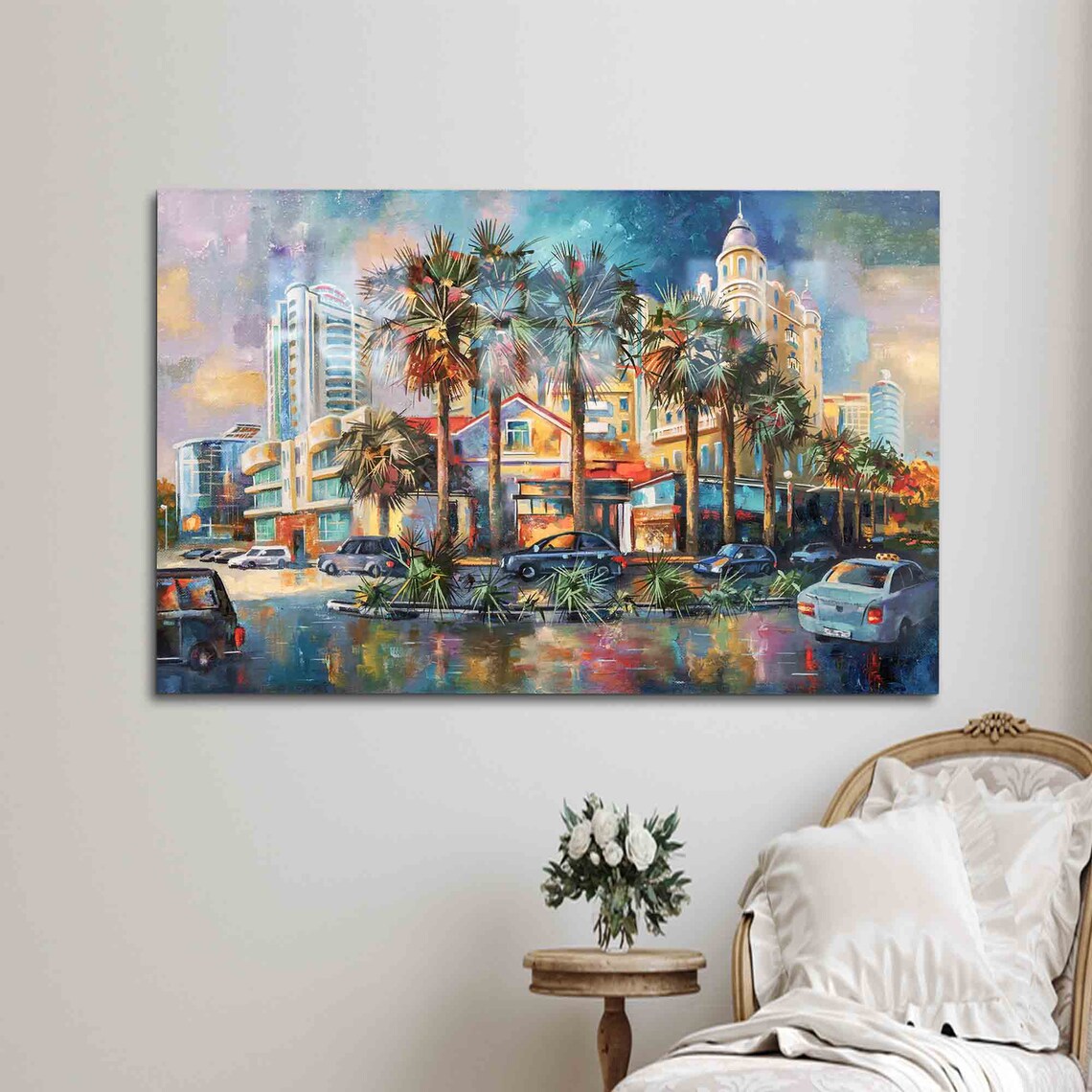 Tropical City Street After Rain Wet Reflection Palm Trees Cityscape Poster