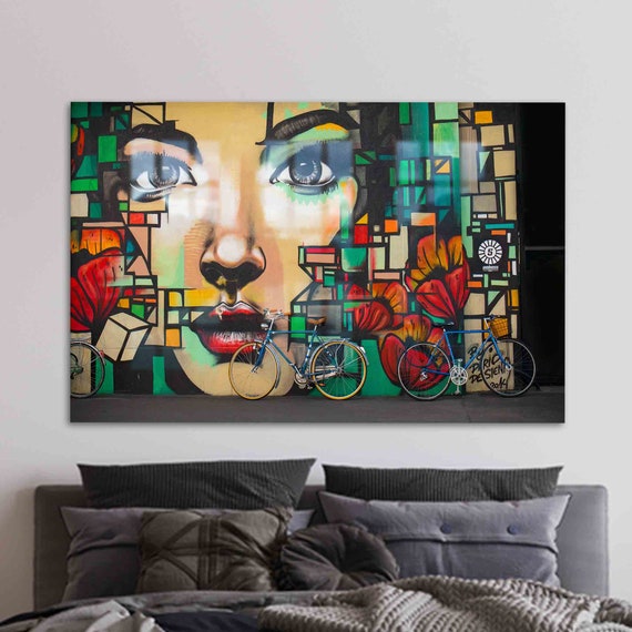 Wall Art Glass Decor Colorful Graffiti Woman Abstract