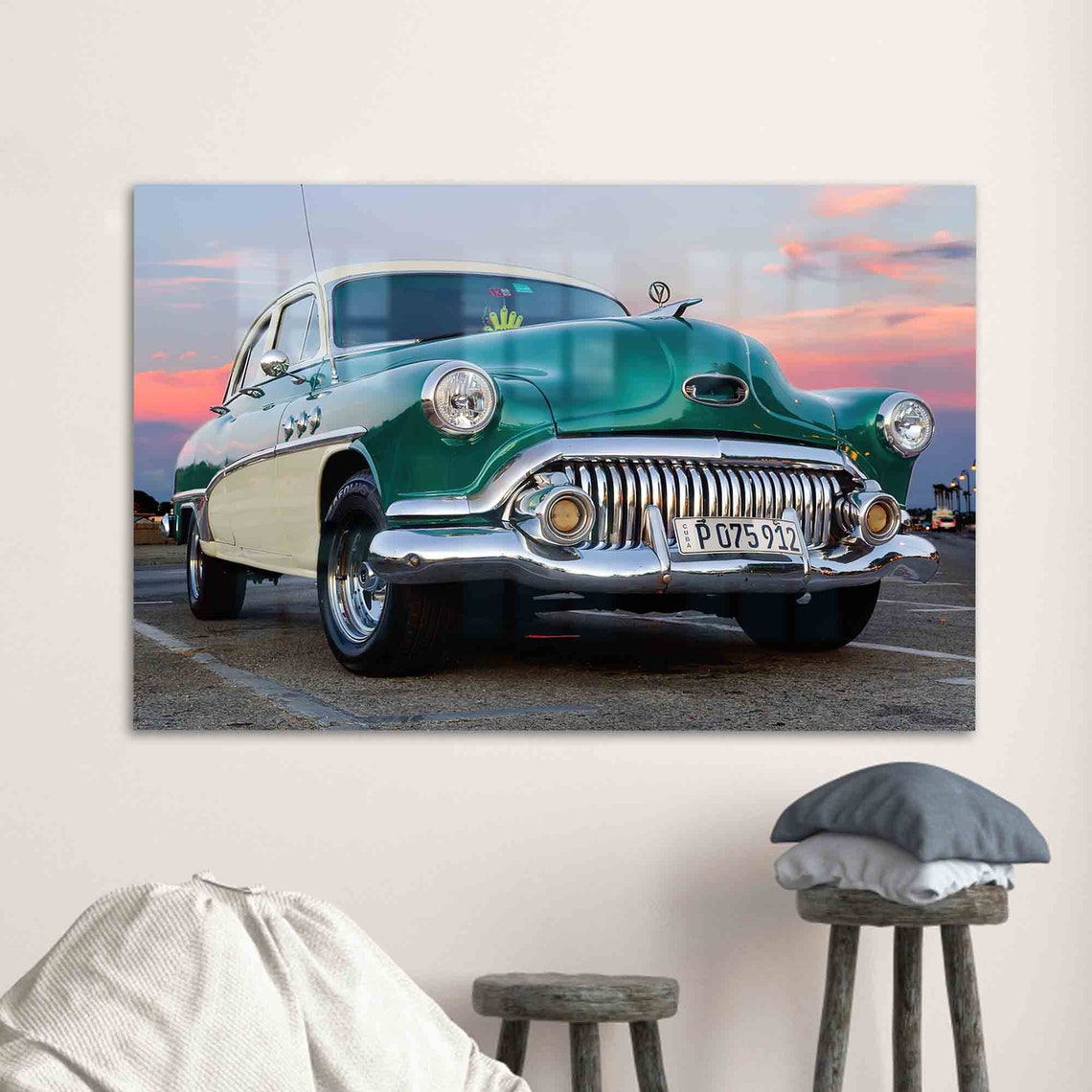 Classic Green Buick Vintage Car Cuban Street Sunset Auto Poster