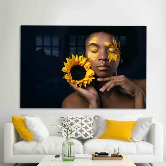 Glass Art Wall Decor Tempered African Woman And Sunflower Abstract Decoration