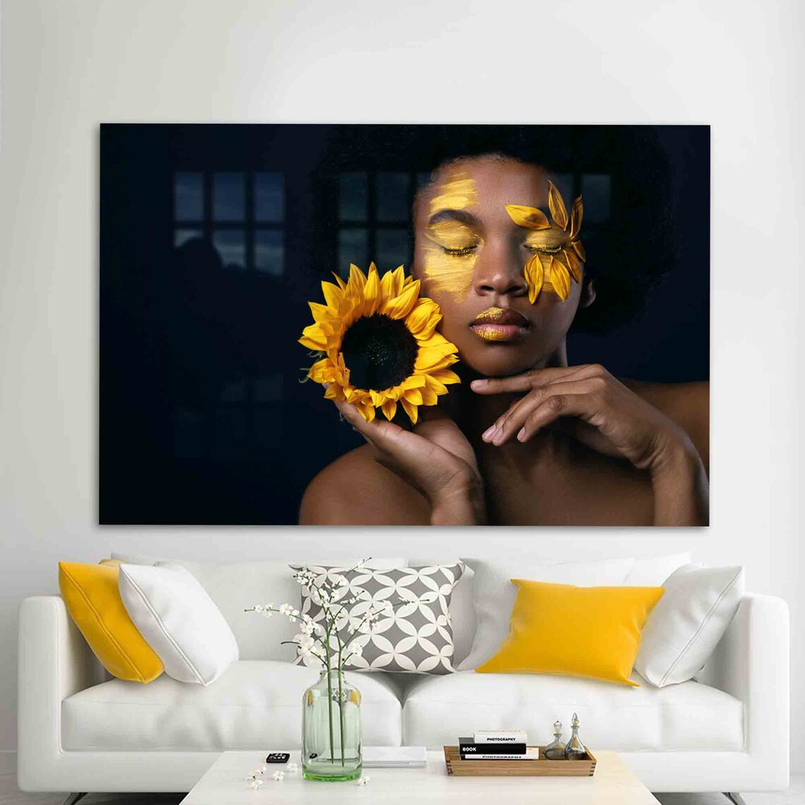 African Woman Sunflowers Gold Face Paint Dark Portrait Wall Art