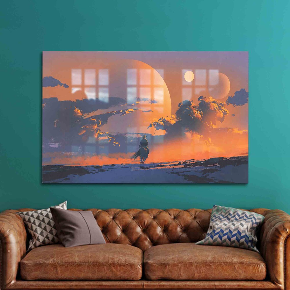 Lone Rider On Horseback Two Moons Alien Sunset Fantasy Sci Fi Art Poster