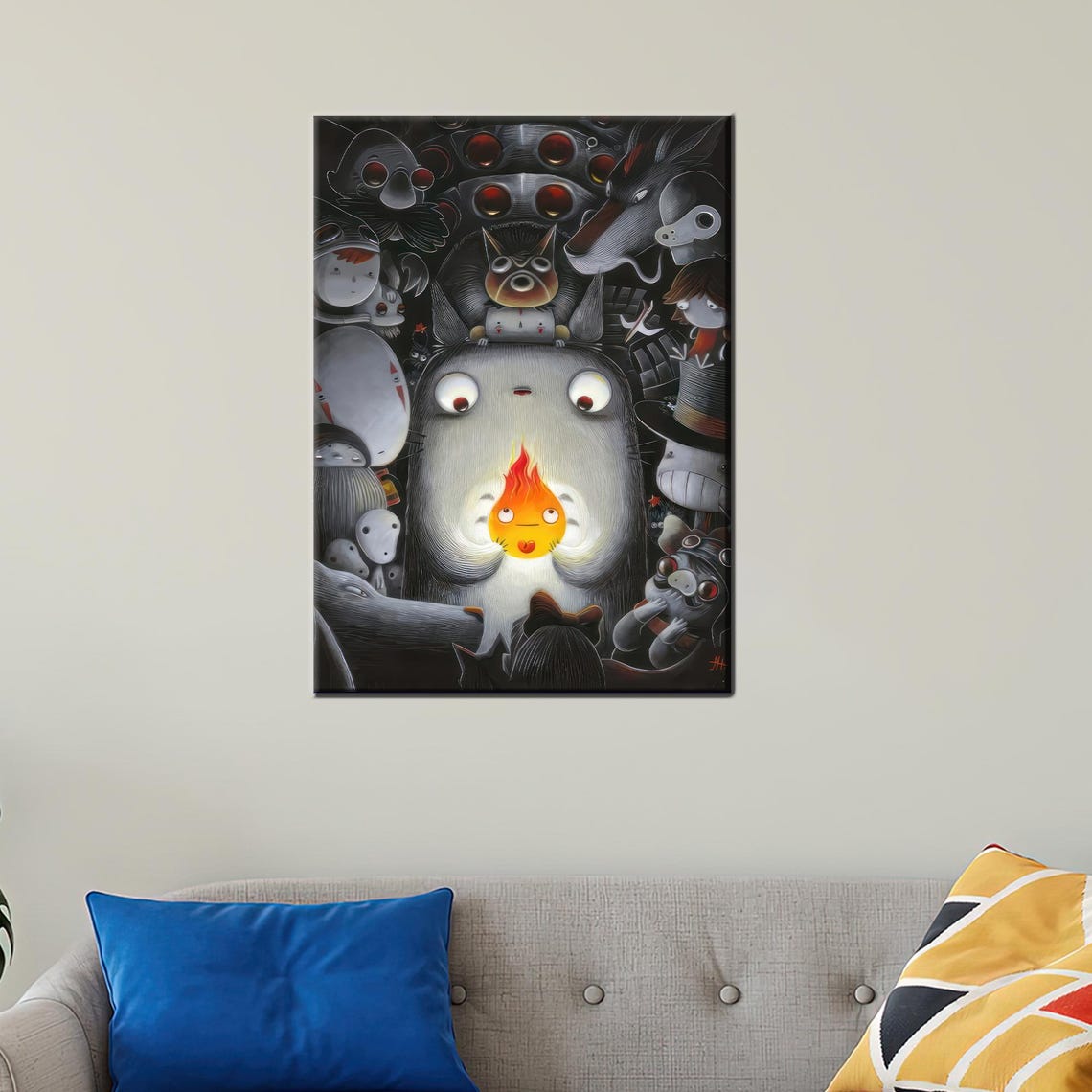 Totoro and Calcifer Dark Anime Characters Crossover Art Poster