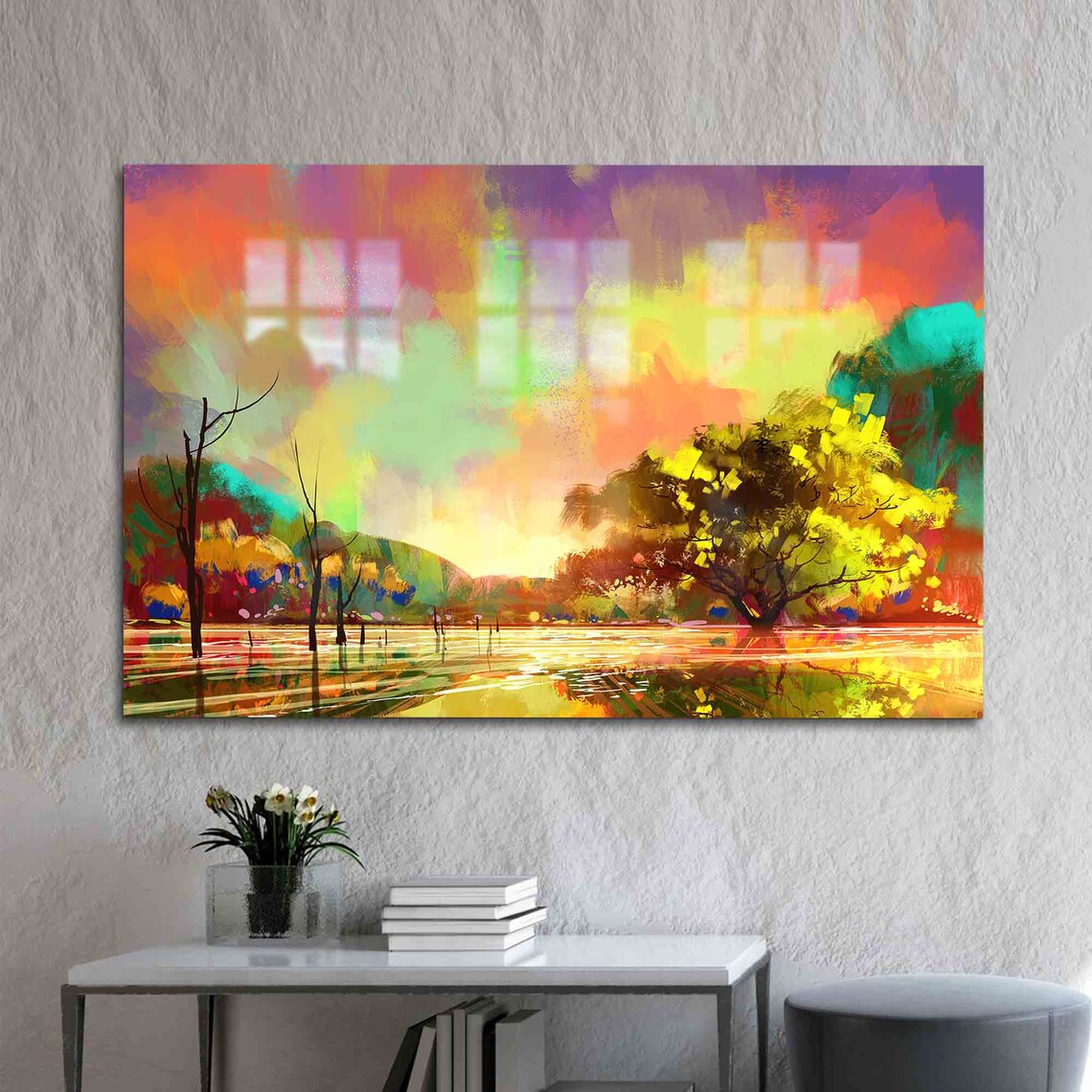 Wall Decor Decoration Tempered Glass Rainy Day Painting Landscape Art Autumn Tree