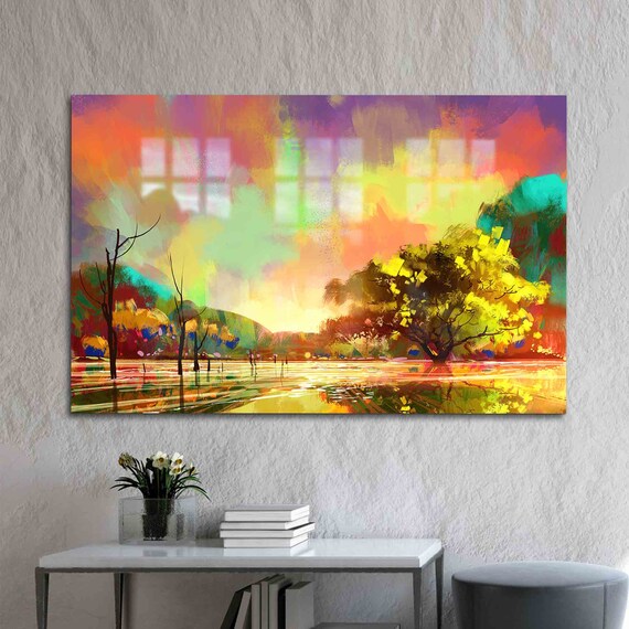 Wall Decor Decoration Tempered Glass Rainy Day Painting Landscape Art Autumn Tree
