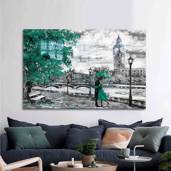 London Big Ben Couple Under Green Umbrella Romantic Rainy Street Poster