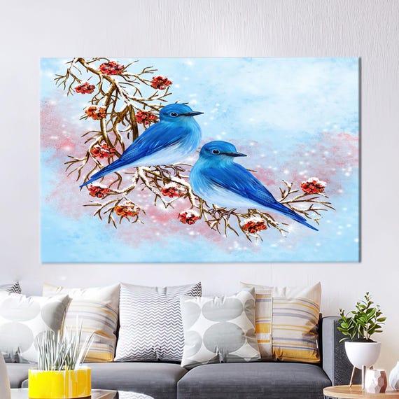 Handmade Gift Blue Two Birds Painting Canvas Decor Modern Printed Animal Poster Abstract Bird Bridesmaid