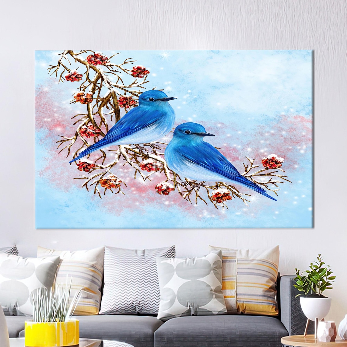Two Bluebirds on Winter Berry Branch Nature Painting Wall Art