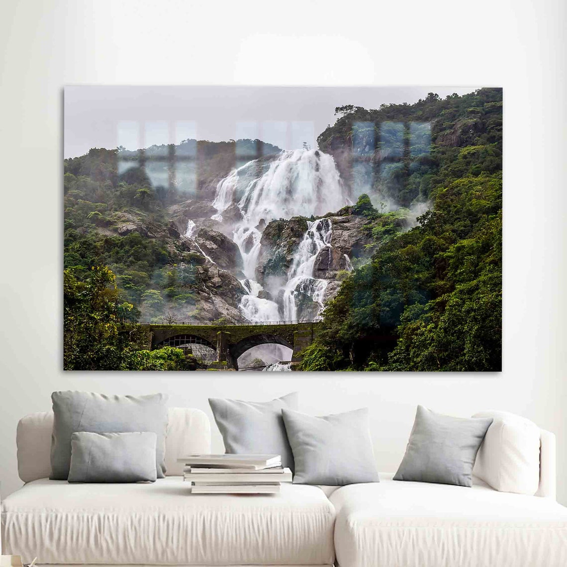 Tropical Waterfall With Arched Railway Bridge In Jungle Poster