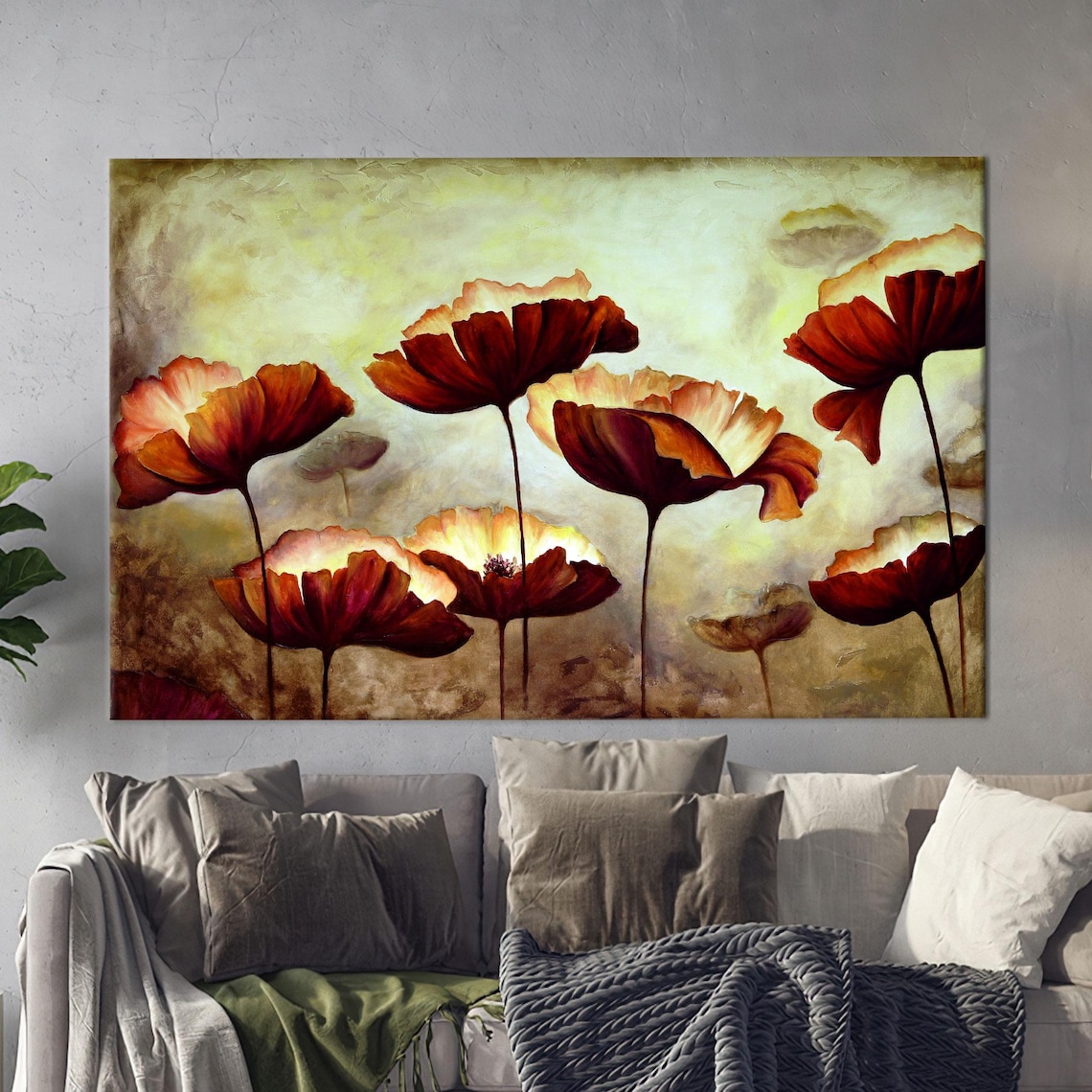 Red Poppy Flowers Dramatic Oil Painting Floral Canvas Art Print