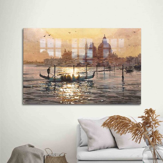 Venice Sunset Gondola Watercolor Painting Grand Canal Wall Art