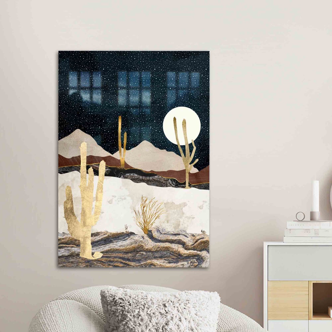 Abstract Desert Night Gold Cacti Under Full Moon Starry Sky Poster