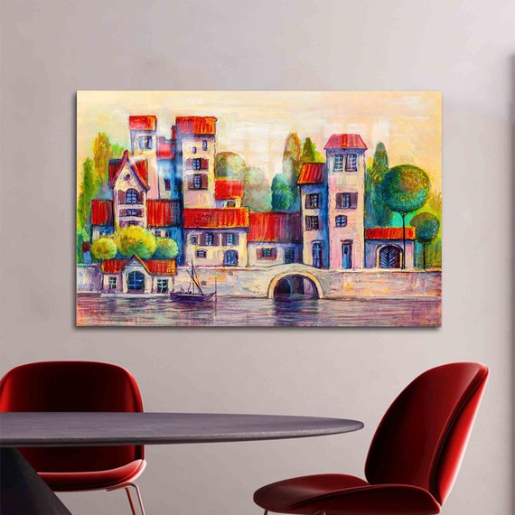 Glass Art Tempered Mural Vintage City Wall Decor Modern River Oil Painting Print