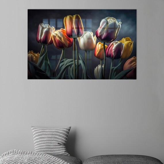 Moody Tulips Dark Background Dramatic Blooming Floral Glass Art Poster