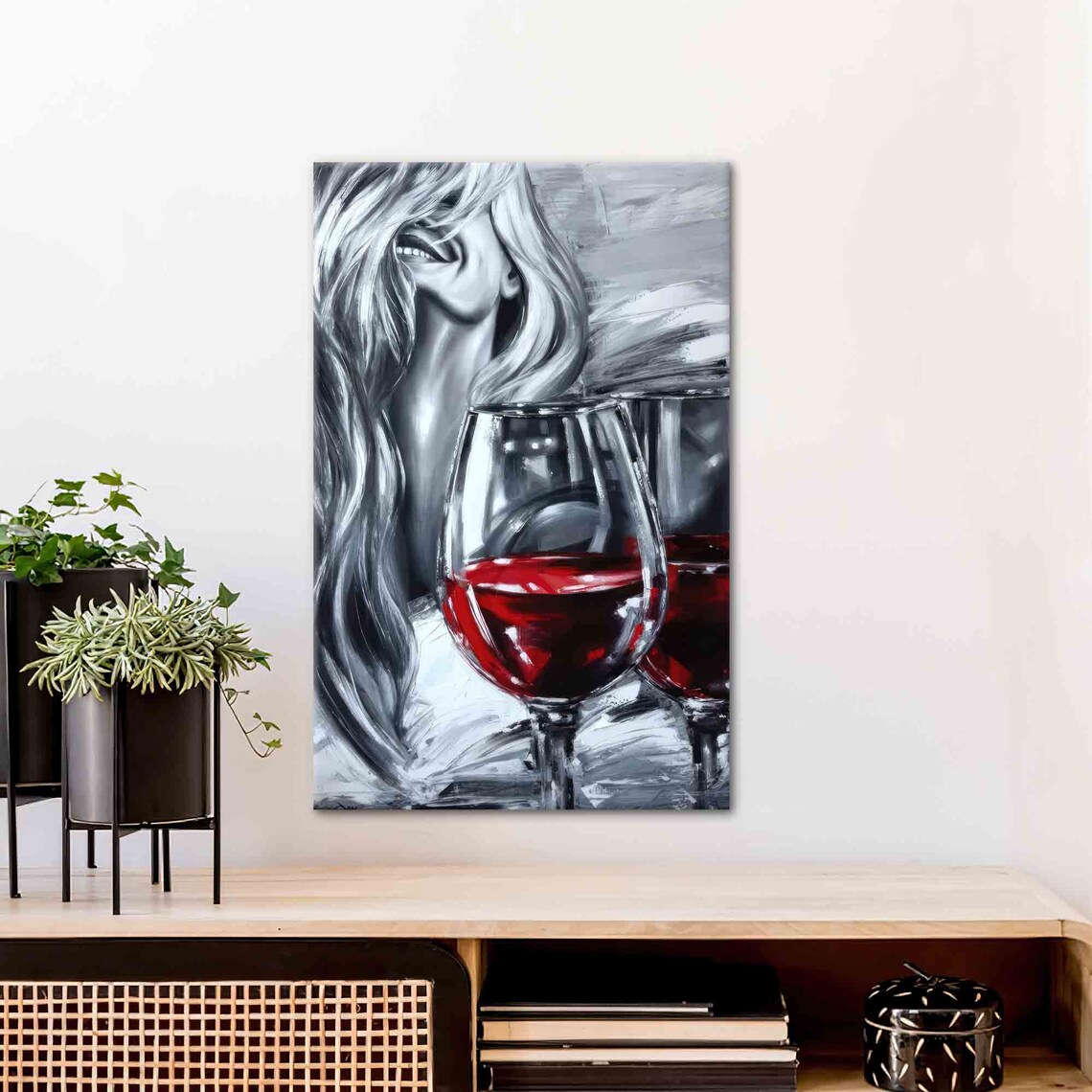 Smiling Woman Behind Red Wine Glasses Black and White Modern Art Poster