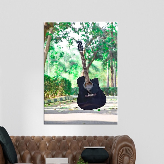 Black Acoustic Guitar Outdoor Park Music Photography Wall Poster