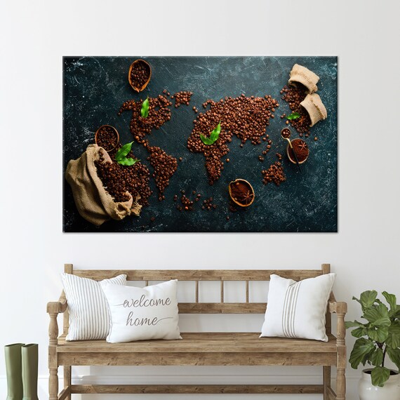 Coffee Bean World Map Rustic Burlap Sacks Dark Background Art Poster