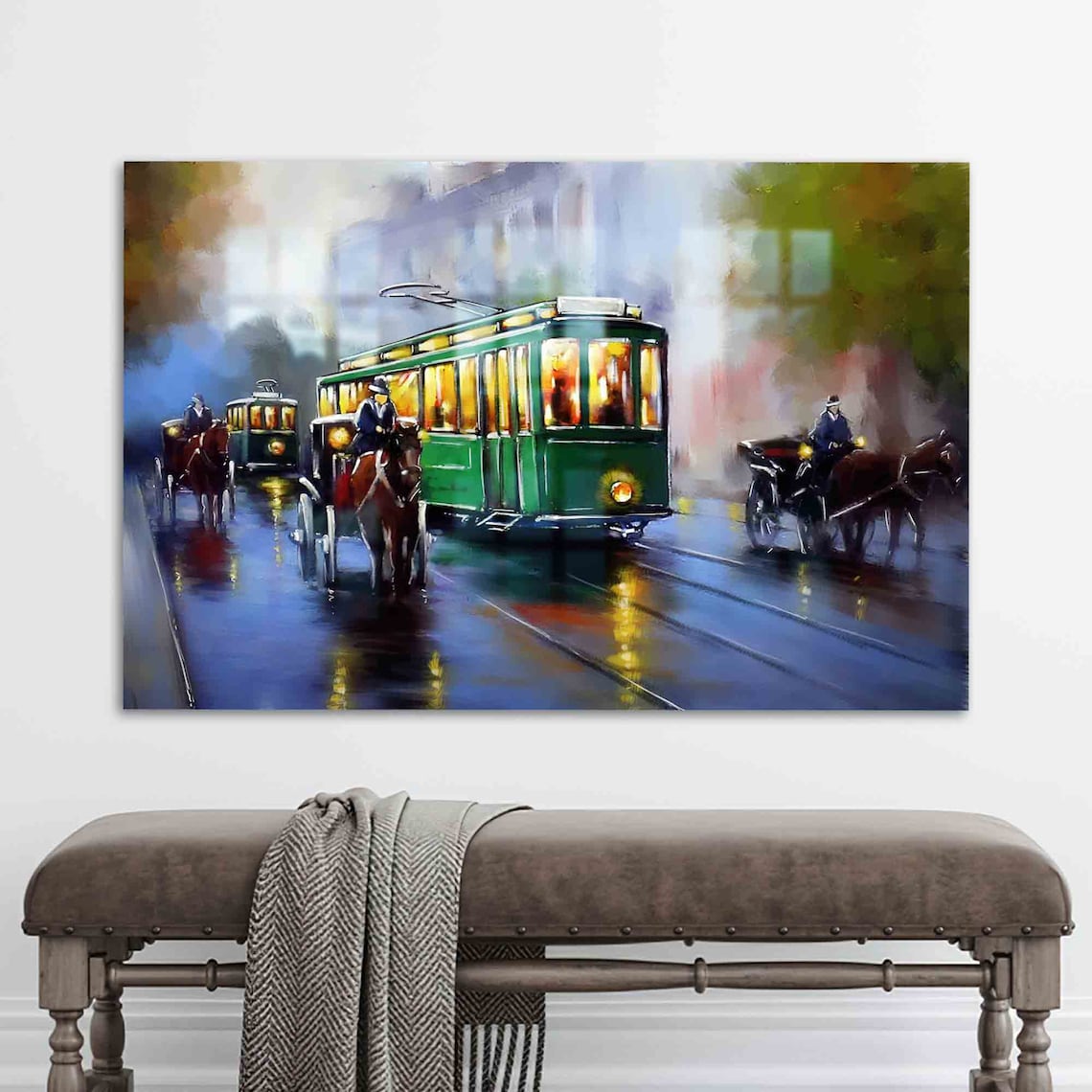 Rainy Night Green Tram Horse Carriages Vintage City Oil Poster