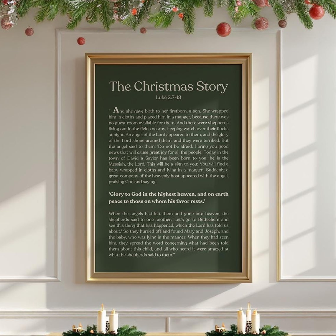 The Christmas Story Luke 2:7-18 Nativity Scripture Green Art Print
