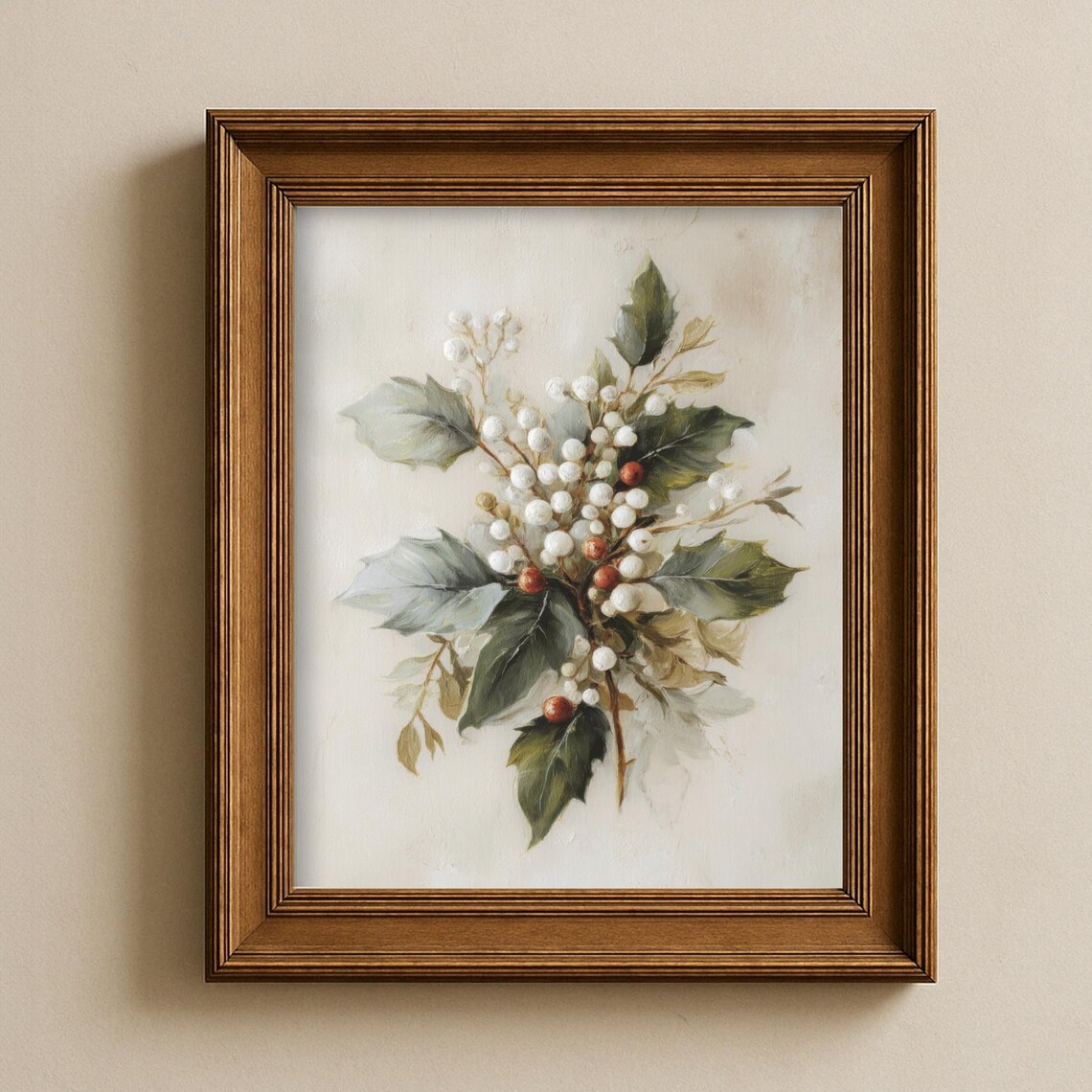 Christmas Botanical Holly Art Print, Rustic Farmhouse