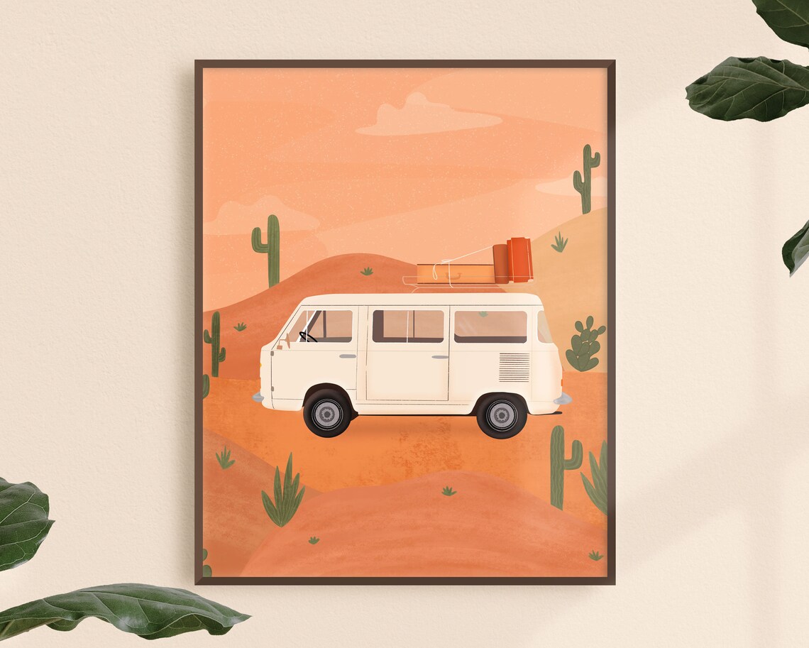 Campervan Desert Travel Poster, Road Trip Art Print