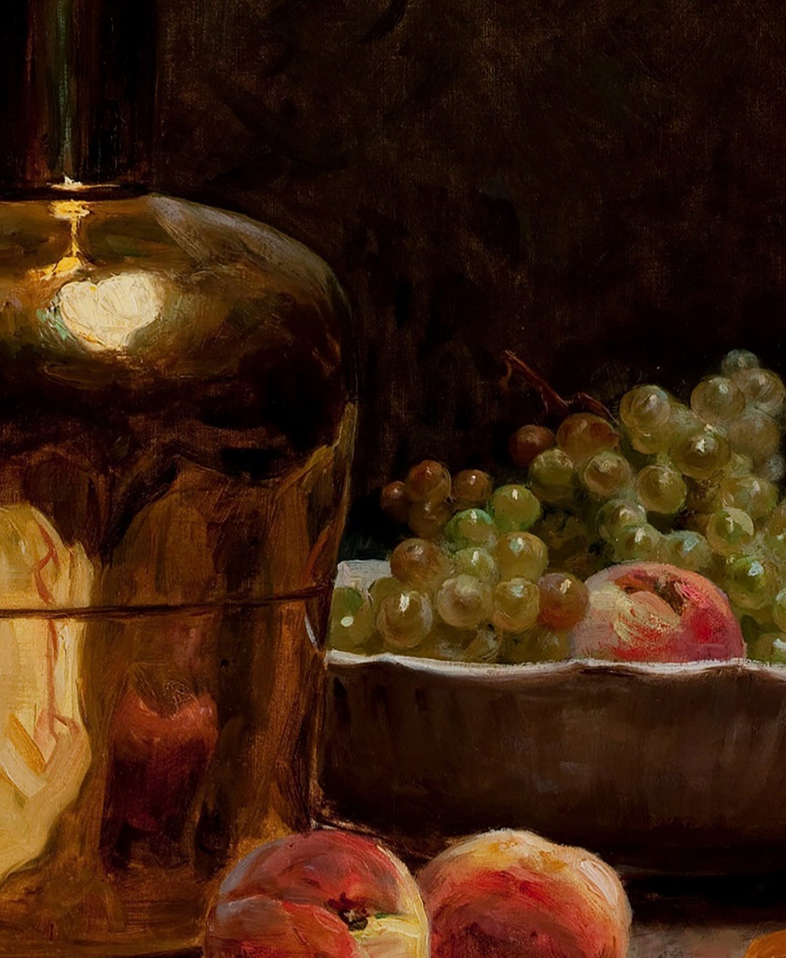 Golden Jug with Grapes and Peaches Rustic Still Life Art Poster - Image 3
