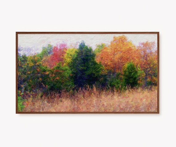 Autumn Trees Golden Meadow Textured Fall Oil Painting Art Poster