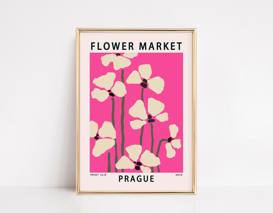 Prague Flower Market Pink Poppy 2020 Retro Botanical Style Print
