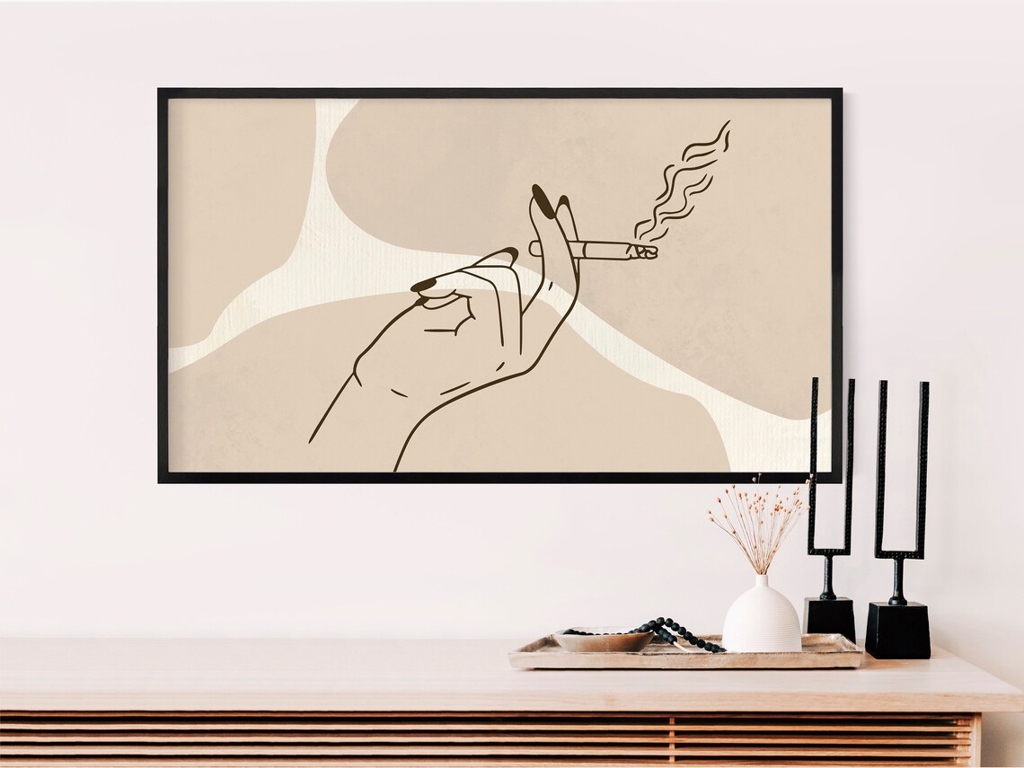 Smoking Woman Minimalist Beige Line Art Retro Chic Style Poster - Image 2