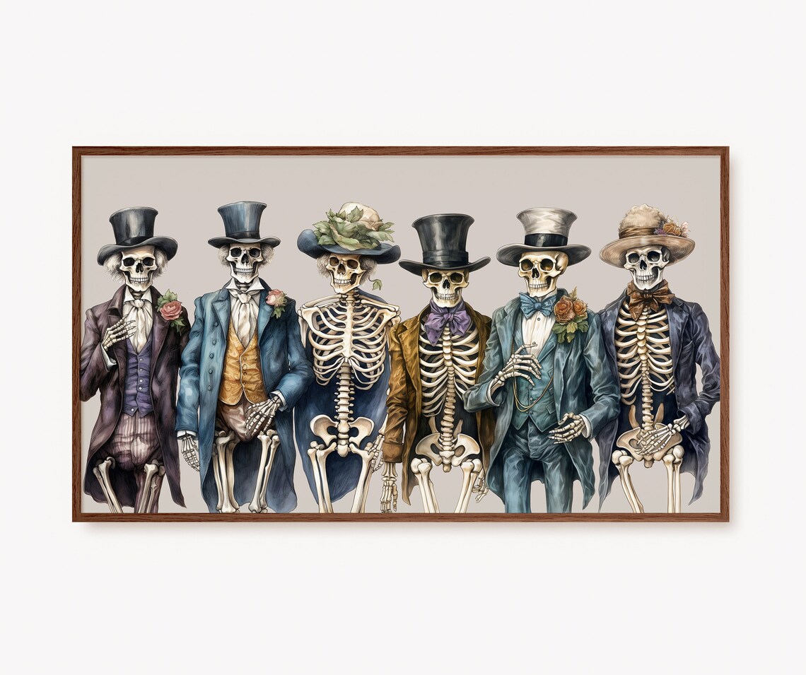 Funny Halloween Skeletons in Victorian Suits and Top Hats Poster