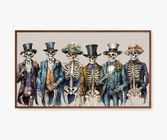 Funny Halloween Skeletons in Victorian Suits and Top Hats Poster