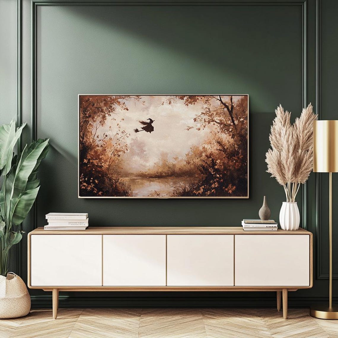 Moody Witch Flying Over Autumn River Frame TV Artwork Poster - Image 2