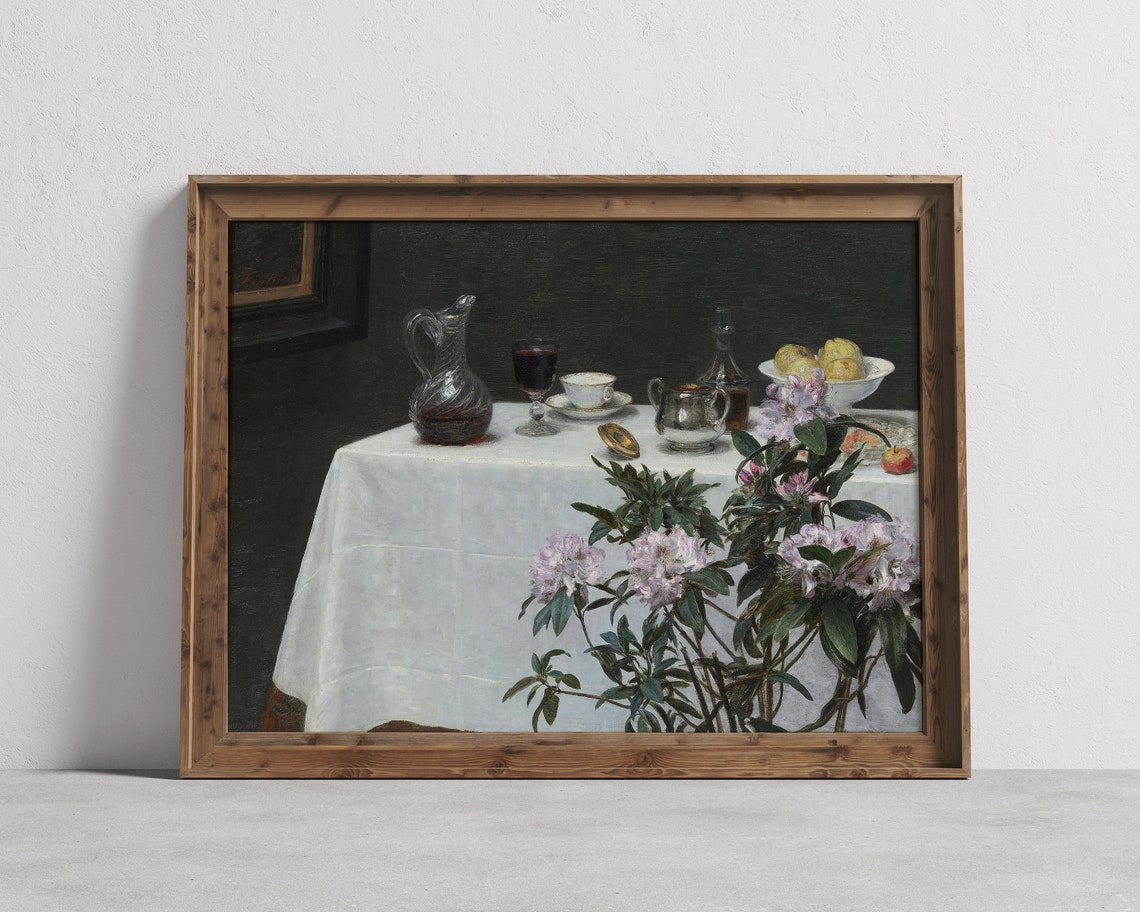 Vintage Table Still Life White Cloth Antique Oil Painting Poster