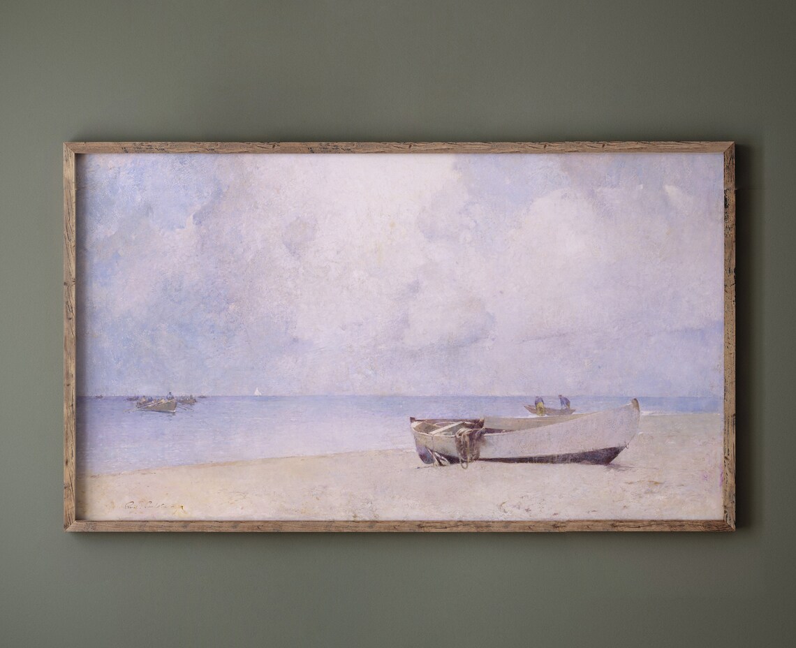 Vintage Beach Rowboat Antique Coastal Oil Painting Art Poster - Image 2