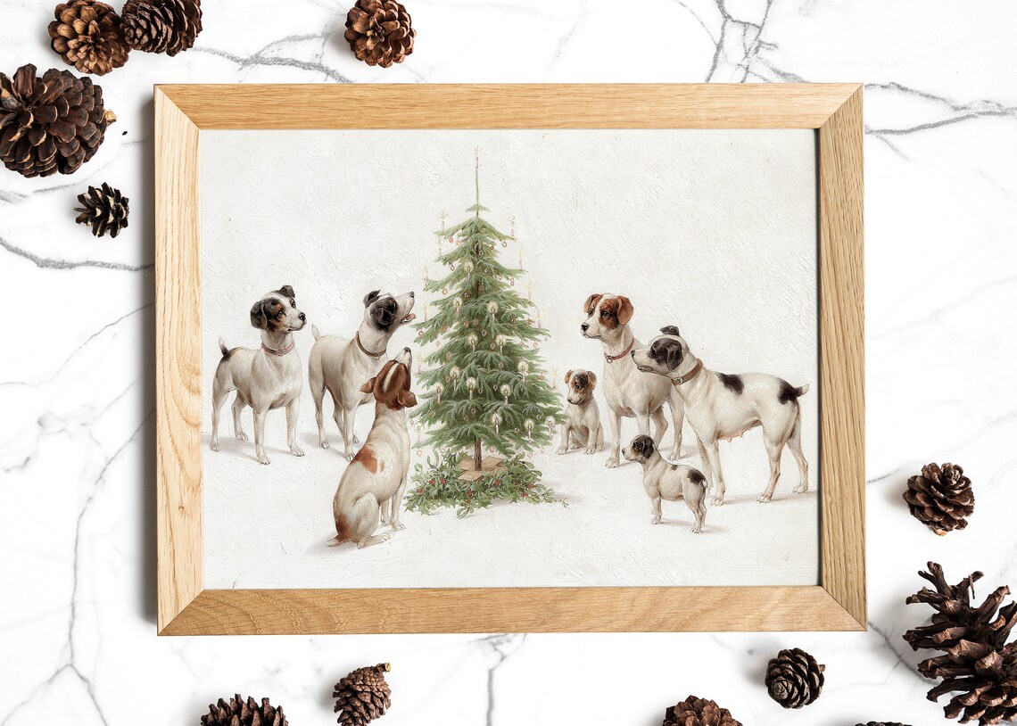 Six Dogs Around Christmas Tree Vintage Holiday Painting Art Print - Image 2