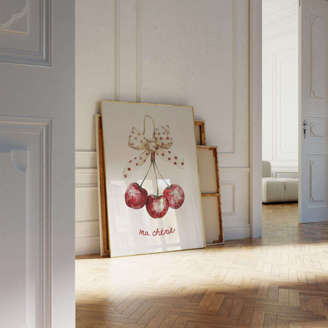 Ma Cherie Watercolor Cherries Heart Bow French Aesthetic Art Poster - Image 2
