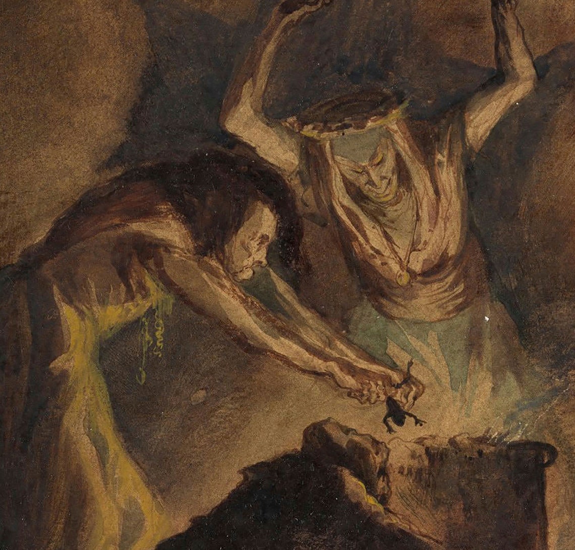 Three Witches Around Cauldron Dark Vintage Oil Painting Poster - Image 2