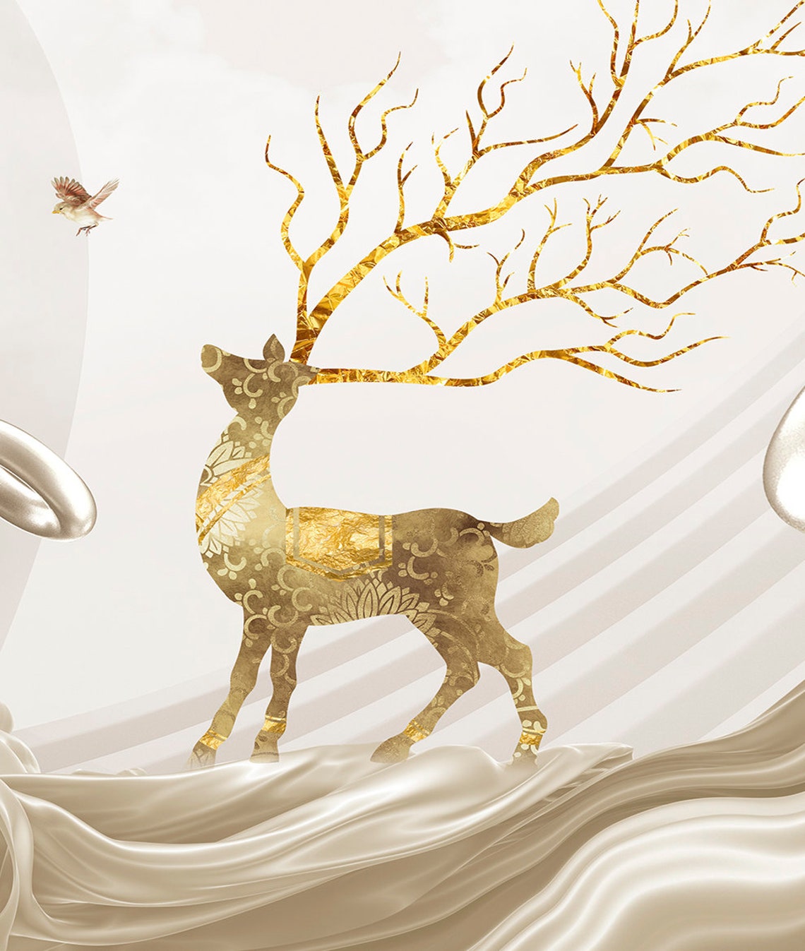 Golden Deer with Flowing Silk Fabric Minimalist Modern Chic Art Poster - Image 2