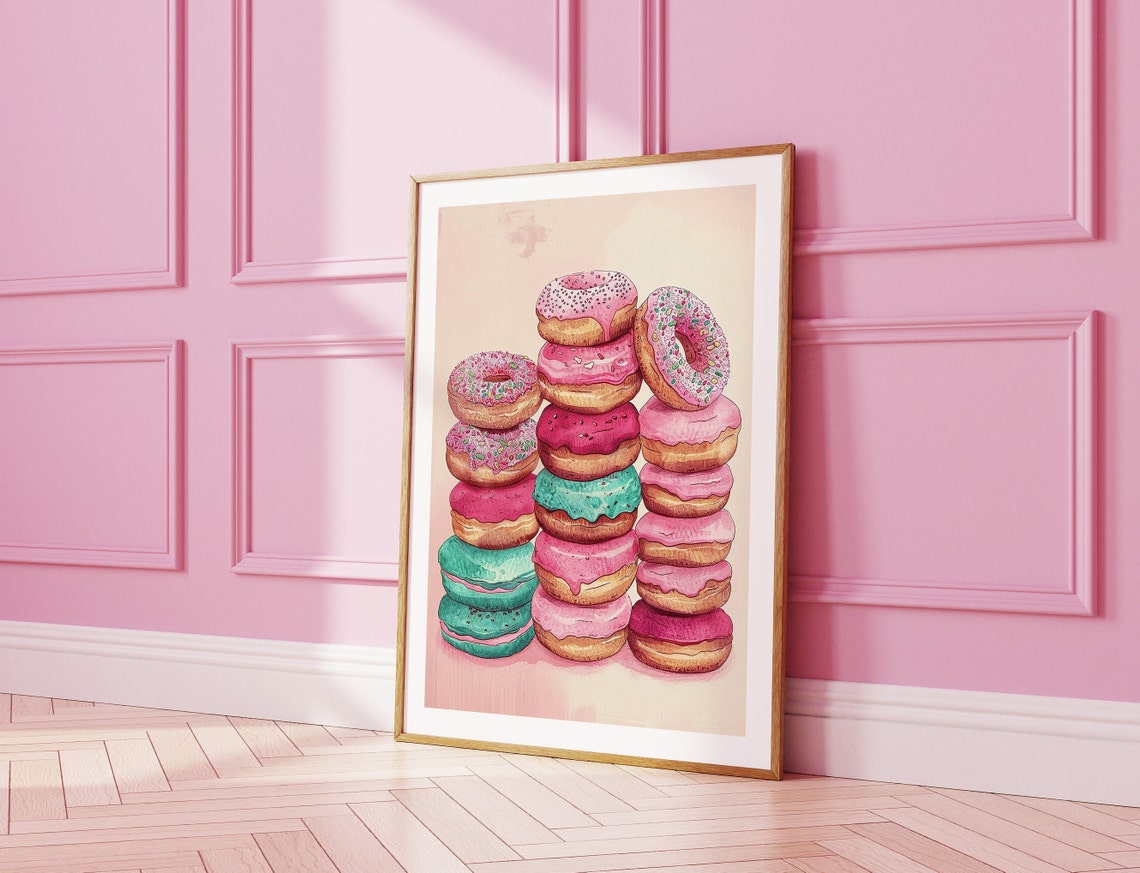 Watercolor Donuts Stack Pink Blue Retro Sweet Kitchen Art Poster - Image 2