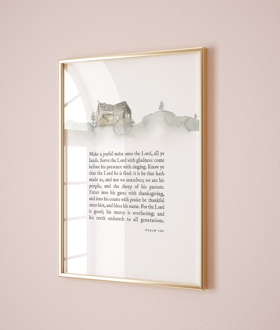 Psalm 100 Thanksgiving Scripture Watercolor Cabin Bible Art Poster