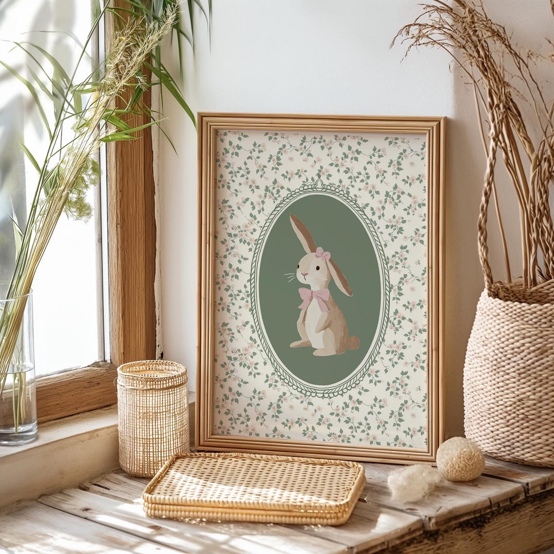 Vintage Bunny Pink Bow Oval Sage Floral Easter Nursery Wall Art Poster - Image 2