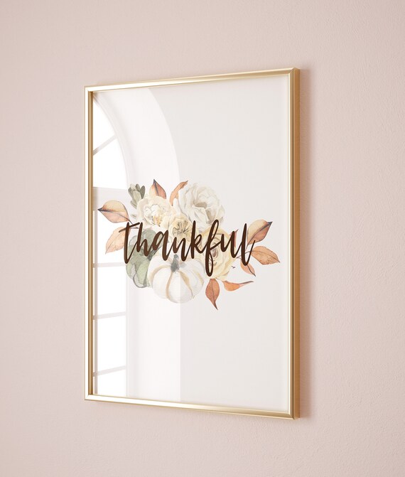 Thankful Script Watercolor Floral Pumpkin Thanksgiving Decor Poster