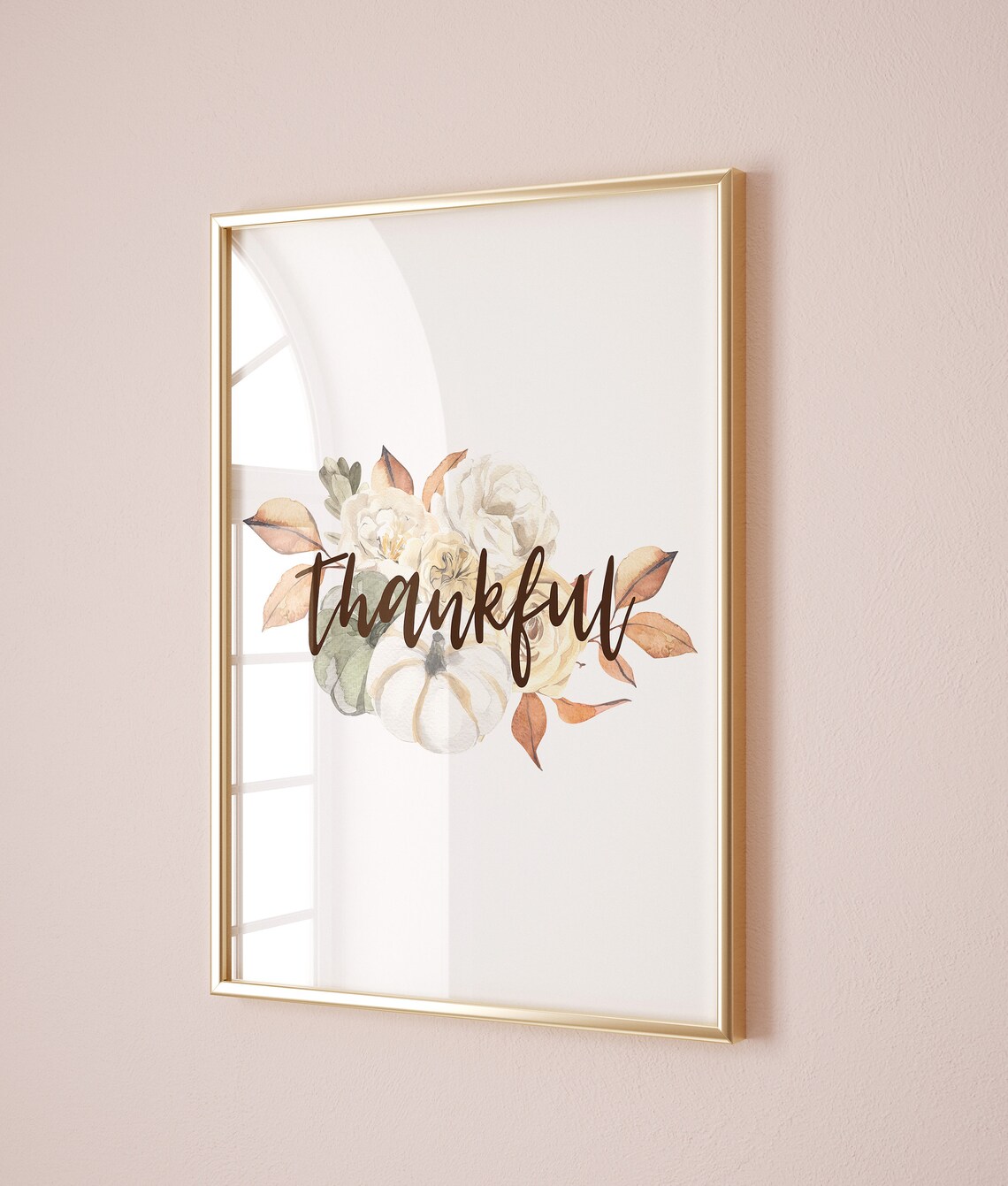 Thankful Script Watercolor Floral Pumpkin Thanksgiving Decor Poster