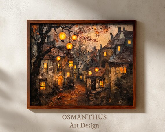 Cozy Old Village Night Street Lanterns Autumn Oil Painting Poster