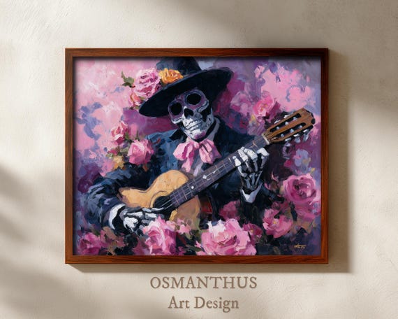 Day Of The Dead Skeleton With Guitar Manet Style Painting Dia De Los Muertos Art Print Festive Floral Decor Wall 65