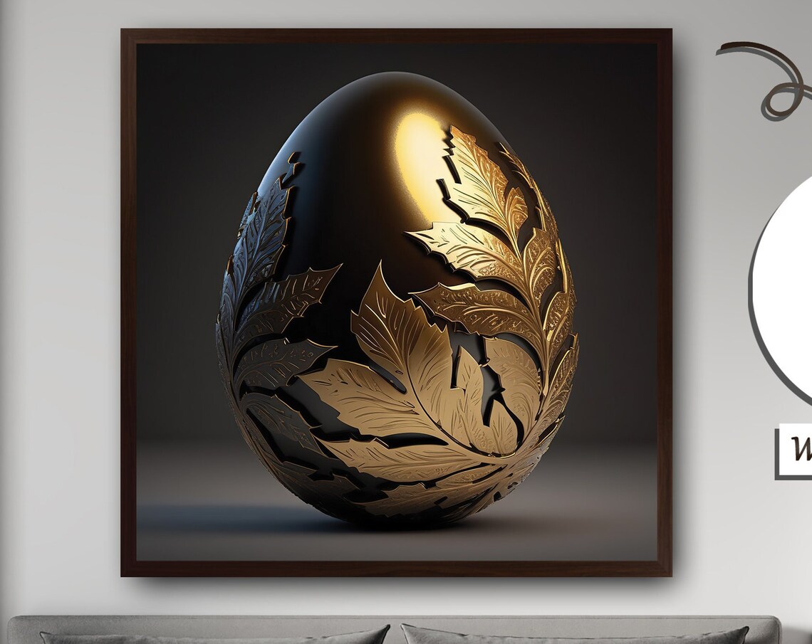 Golden Egg With Gold Leaves, Luxury Art
